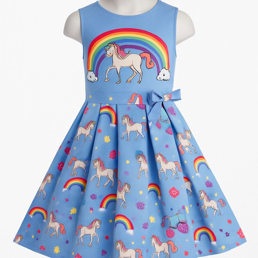 Girls Unicorn Rainbow Sleeveless Dress Size 6/6X Blue Pleated Twirl Dress